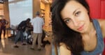 A woman bends down to help a person sitting on the floor in a public indoor space; next to it is a close-up of a woman with long dark hair smiling softly at the camera.
