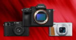Three digital cameras are displayed against a red diagonal gradient background, including a Sony Alpha mirrorless camera in the center and two compact cameras flanking it on either side.