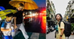 A split-screen image shows a woman and child walking under yellow umbrellas in the rain on the left, and a woman with a backpack standing on a city street on the right.