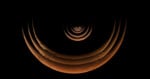 A series of concentric, crescent-shaped orange arcs on a black background, resembling abstract planetary rings or a tunnel of repeating planetary surfaces.