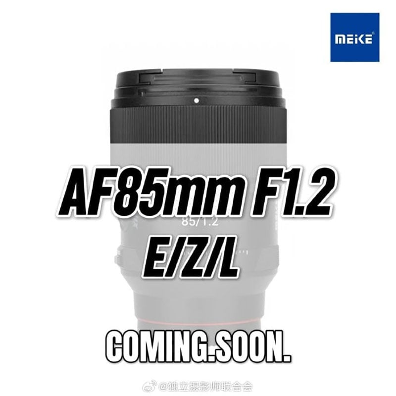 Promotional image of a camera lens with text overlay: "AF85mm F1.2 E/Z/L COMING SOON." The Meike logo is in the top right corner. The lens is partially visible behind the text.