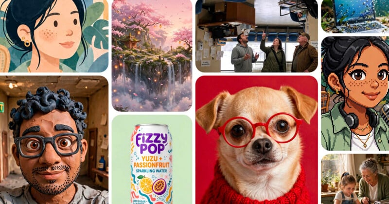 A collage featuring digital art, pixel portraits, a clay sculpture, a group talking indoors, a can of Fizzy Pop, a dog in glasses, a laptop outdoors, and a fantasy landscape with waterfalls.