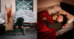Split image: Left, a person in uniform bends over near a bloodstained stretcher and sandbags. Right, a woman and child lie in bed together, wrapped in a red blanket, looking towards the camera.