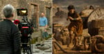 Split image: Left side shows a film crew shooting a man in modern clothes on a cobblestone street. Right side shows a man in ancient attire running among pottery and debris in a historical setting.