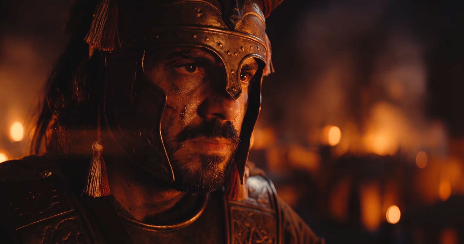 A close-up of a man in ornate bronze armor and helmet, with a determined expression, surrounded by flames and smoke in the background, suggesting a battle scene.