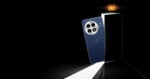 A OnePlus 13 smartphone comically exits through a door against a dark background