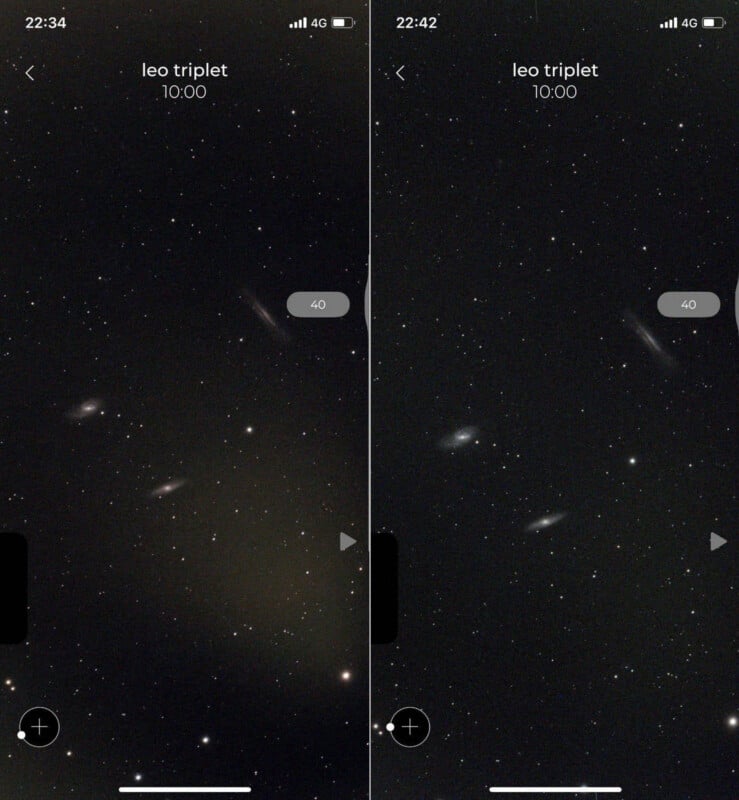 Two side-by-side screenshots of a mobile app interface showing the Leo Triplet galaxy group against a starry night sky.