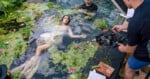A woman in a white dress floats in a pond with lily pads and flowers, surrounded by film crew members and camera equipment during a photoshoot.