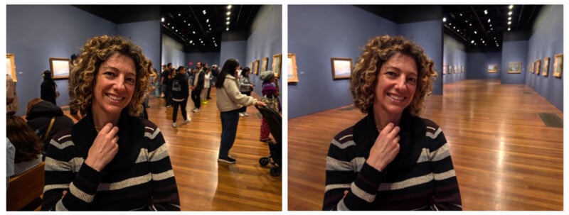 A woman smiles in an art gallery; the left image shows a crowded room, while the right image shows her in the same spot, but the room is empty.