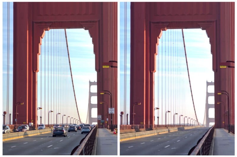 Side-by-side comparison of the Golden Gate Bridge, left image is clear and sharp with visible cars, while the right image is blurred with fewer visible details.