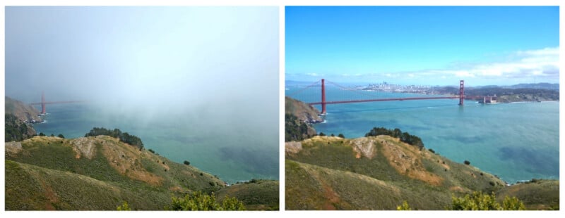 Side-by-side images of the Golden Gate Bridge: the left is foggy and obscured, the right is clear with blue skies, showing the bridge and San Francisco skyline in the background.