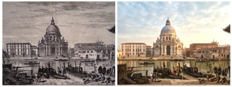 Side-by-side images show a historic drawing and a modern photo of a domed building by a canal with boats and people, highlighting changes over time in architecture and activity.