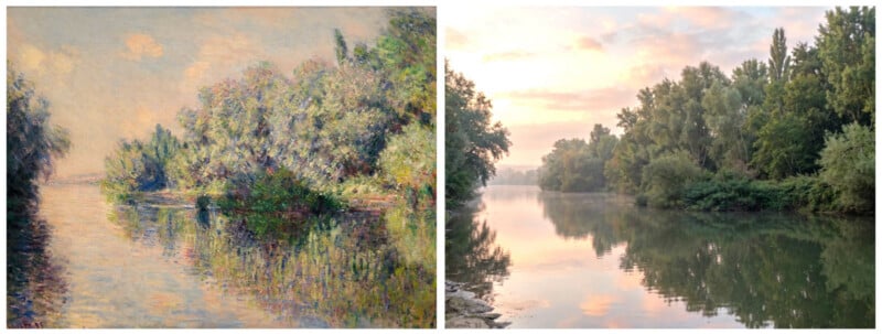 A side-by-side comparison of a river landscape painting and a photo of a similar riverside scene, both with trees reflecting in calm water under a pastel sky.