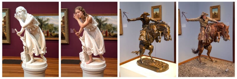 Two pairs of images: each pair shows a statue and a person dressed and posed exactly like that statue, one woman in a white dress and one cowboy riding a horse. Paintings hang in the background.
