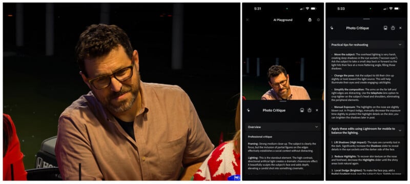 A man with glasses sits at a table outdoors at night. Next to the photo are screenshots of a mobile app showing a photo critique of the same image, with advice and editing tips.