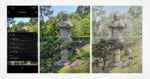 Three-panel image: left shows a photo editing app with a stone lantern photo; center shows the original lantern photo in a garden; right shows a watercolor-style illustration of the same stone lantern in the garden.