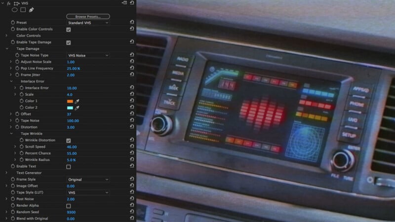 A car dashboard screen displaying colorful graphics and controls, with a VHS filter effect and editing options panel on the left side of the image.