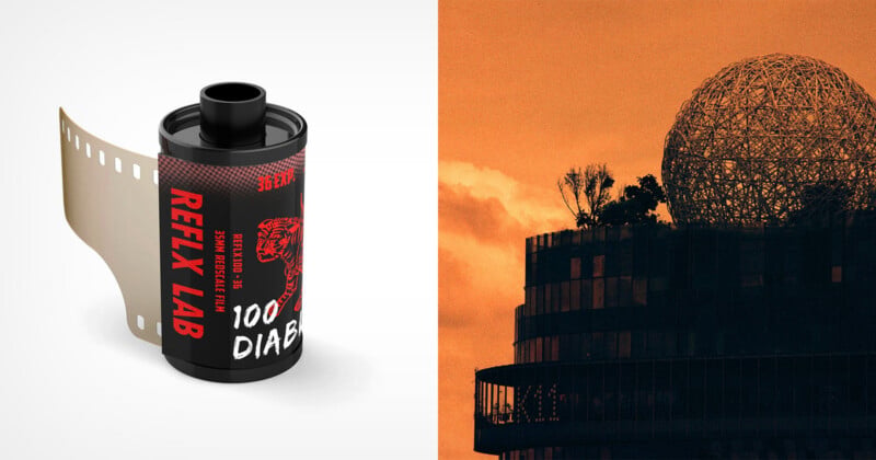 A split image: on the left, a roll of RFLEX LAB 100 DIABLO film; on the right, an orange-tinted photo of a building with trees on its roof and a large geodesic dome in the background.
