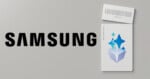 Samsung logo beside a ticket with a barcode and a blue gem-like icon, on a light gray background.