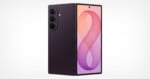 A purple foldable smartphone is shown partially open, displaying its front screen with a colorful number 8 design and triple rear cameras.