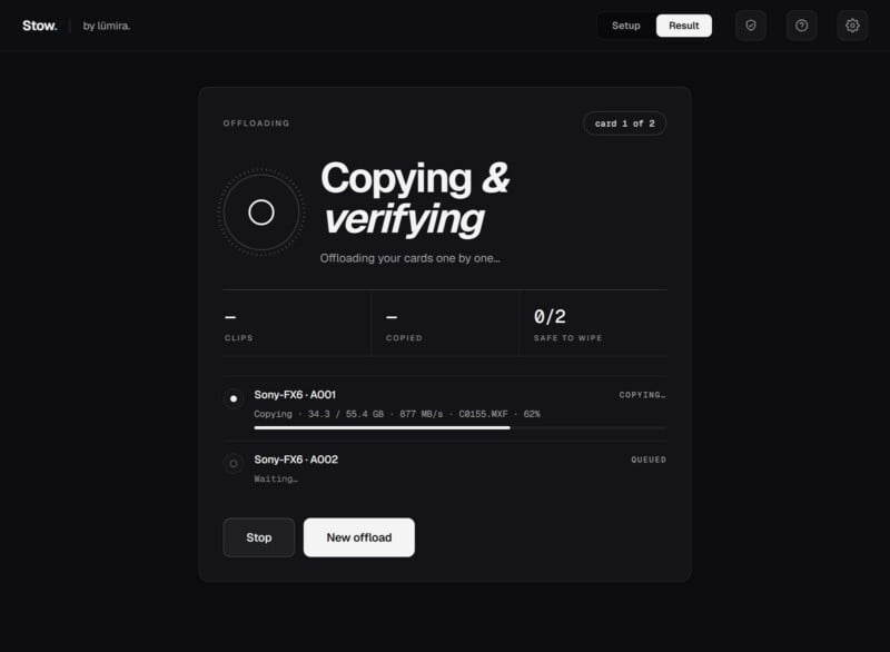 A dark-themed software interface shows the process of copying and verifying two camera cards. One is copying data, the other is waiting. The screen displays progress and options to stop or start a new offload.
