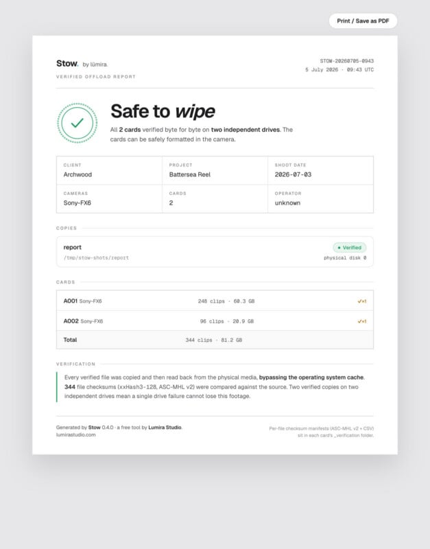 A digital report titled “Safe to wipe” shows verified data from two drives for a project called Battersea Reel, with details like card type, camera, size, verification status, and a summary note at the bottom.