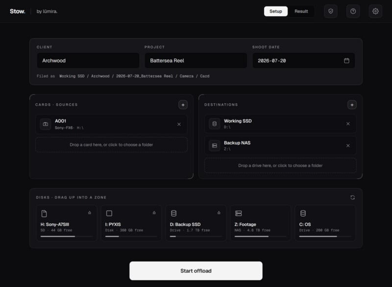 A dark-themed file management interface showing source cards, destination drives, and disk zones for offloading media. The project is "Battersea Reel" with a shoot date of 2023-07-20.