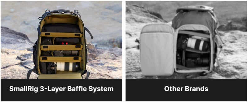 Side-by-side image comparing camera bags: the left shows an organized SmallRig 3-Layer Baffle System; the right, labeled "Other Brands," shows a less organized camera bag with fewer compartments.