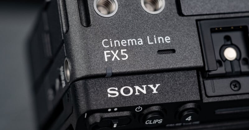 Close-up of a black Sony FX5 Cinema Line camera, showing buttons, dials, and part of the logo in white text.