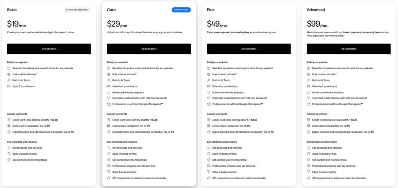 Four website pricing plans—Basic ($19/mo), Core ($29/mo), Plus ($49/mo), and Advanced ($99/mo)—are shown in a grid, each listing features, accepted payments, and sales channel options beneath the monthly price.