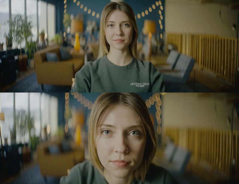A young woman with straight, shoulder-length hair sits indoors on a sofa, looking at the camera. The top image shows her from the waist up, and the bottom image is a close-up of her face. The background is softly blurred.