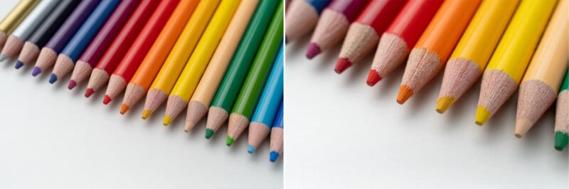 Two side-by-side views of sharpened colored pencils arranged in a row on a white background.