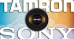 The word TAMRON appears in large white letters above a camera lens, with the word SONY in large white letters below it, all set against a background of blue and orange bubbles.
