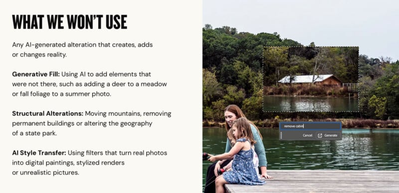 A woman and child sit on a dock by a lake; to the right, an edited image shows a cabin in the woods being digitally removed. Text explains types of AI alterations not to be used, such as generative fill and style transfer.