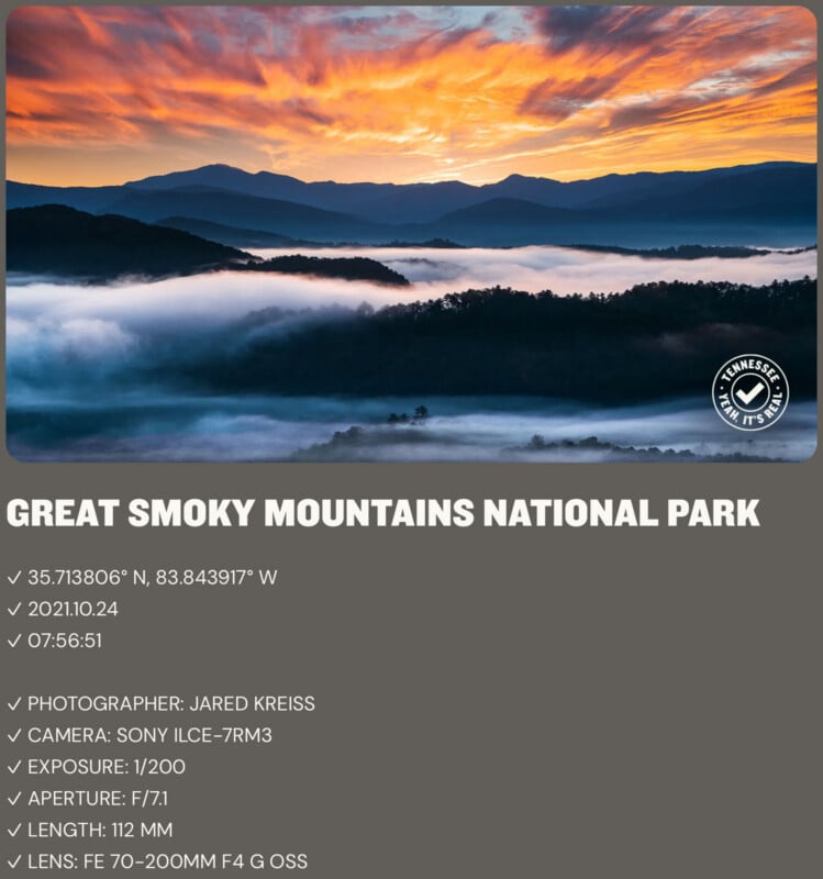 Colorful sunrise over the Great Smoky Mountains National Park with clouds and fog over forested hills; orange and blue sky contrasts with dark mountains below. Park and photo details are listed beneath the image.