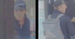 Two images of the same person: on the left, a man in a dark cap and jacket looking forward; on the right, the man seen from behind, wearing a gray backpack with red text.
