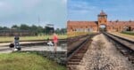 Two images of Auschwitz concentration camp: tourists standing on gravel by train tracks on the left, and the iconic brick entrance building with train tracks leading to it on the right, both under blue skies.