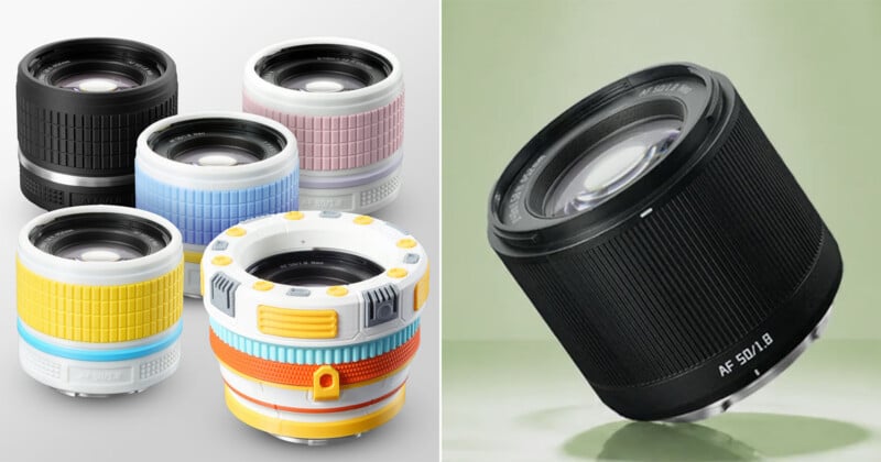 Five colorful camera lenses with playful, toy-like designs are arranged on the left, while a sleek, black camera lens labeled 