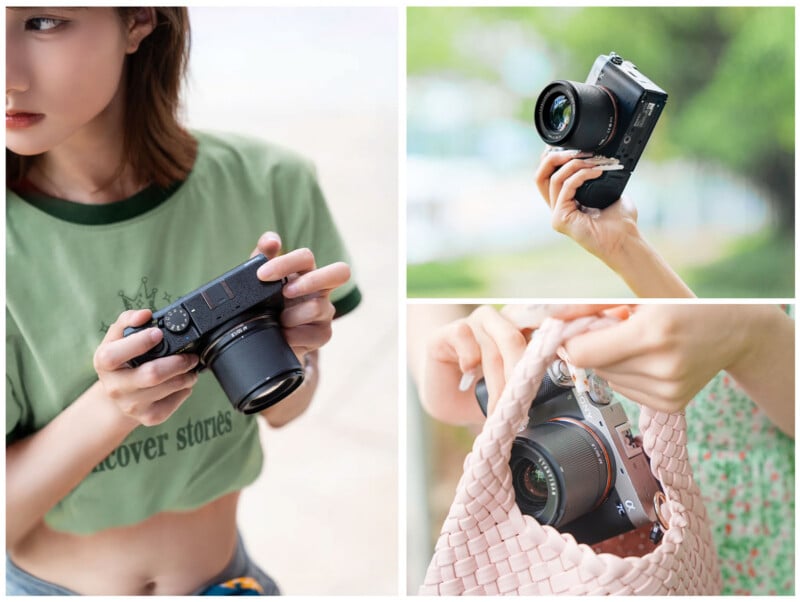 A collage shows a woman holding a camera, a hand raising the camera outdoors, and the camera being put into a pink woven purse. The camera is compact and black with a large lens.