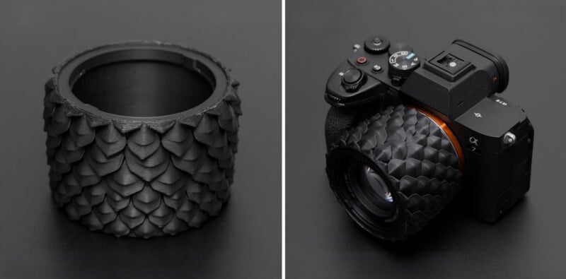 A split image: on the left, a textured, black, scale-patterned camera lens ring; on the right, the same ring fitted onto a black camera's lens, giving it a unique, scaly appearance.