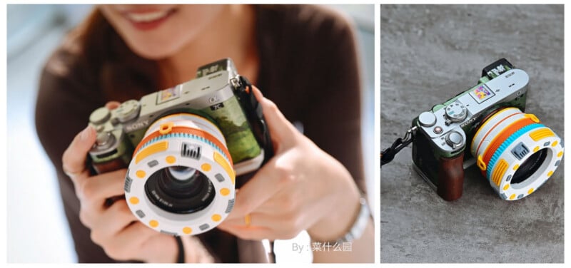 A person holds a camera with a colorful, toy-like lens cover. Next to it is a close-up view of the same camera showing the round, striped lens cover with orange, yellow, and white accents.