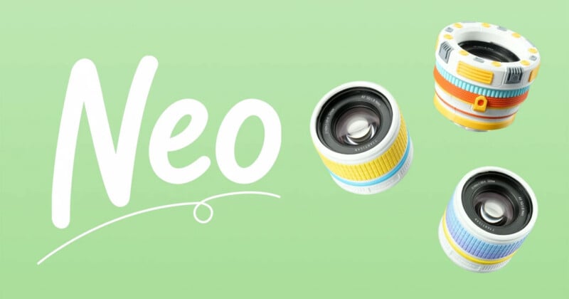 Three colorful camera lenses are arranged on a light green background next to the large, stylized word "Neo" in white text.