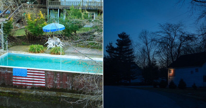 Split image: Left side shows a backyard pool with an American flag hanging on the wall, surrounded by trees and patio furniture. Right side shows a house at dusk with a porch light on and silhouettes of trees.