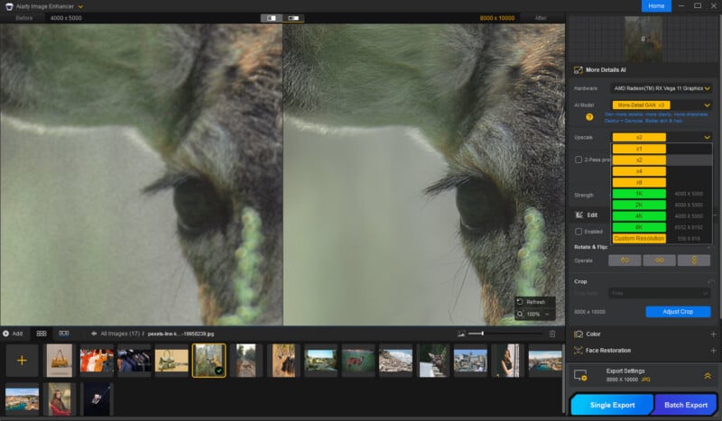 A software interface shows a giraffe photo being enhanced, with a blurry version on the left and a sharper, detailed version on the right. Various enhancement and export settings appear on the right side panel.