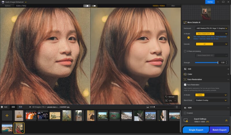 A photo editing software interface shows a side-by-side comparison of a woman's portrait before and after noise reduction and enhancement, with adjustment options and export buttons visible on the right.
