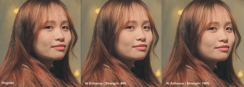 Three side-by-side photos show a woman’s face: left is grainy (original), center is clearer (AI Enhance 80%), right is sharpest (AI Enhance 100%). Each photo improves in clarity and detail from left to right.