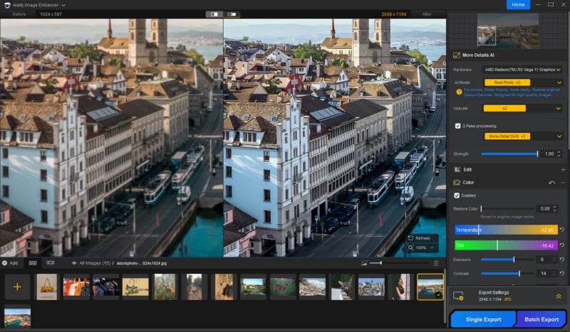 A photo editing software window shows a split view of a city image before and after enhancement, with adjustment sliders for temperature, contrast, strength, and various other editing tools visible on the right panel.