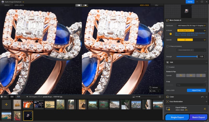 A jewelry photo editing software shows a side-by-side comparison of a ring image before and after enhancement, highlighting improved clarity and color. Editing options and export buttons are visible on the right.