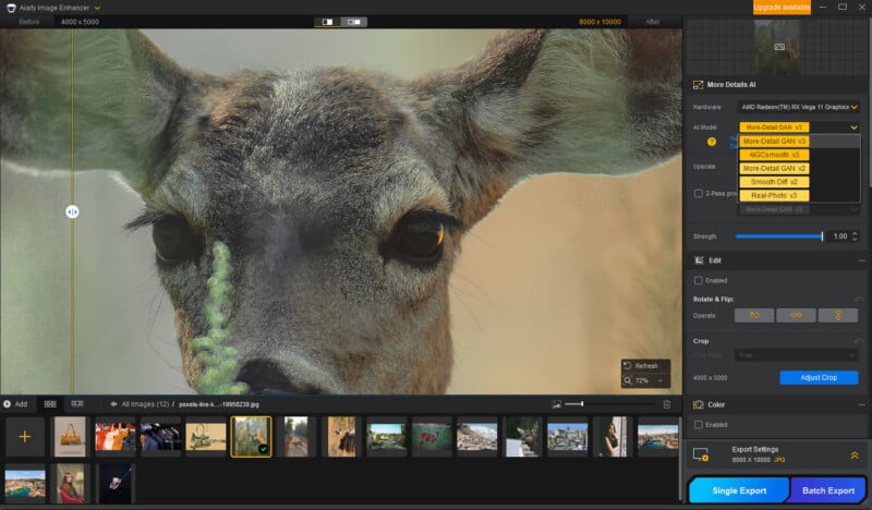 A close-up of a deer's face on the screen of an AI image enhancer software, showing editing options and a before-and-after preview split vertically. Various editing tools and image thumbnails appear along the bottom and right.