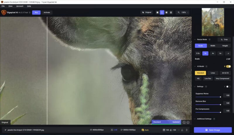 A computer screen shows image editing software with a close-up of a deer's face. Editing tools and sliders are visible on the right, and the image is split to show before and after effects.